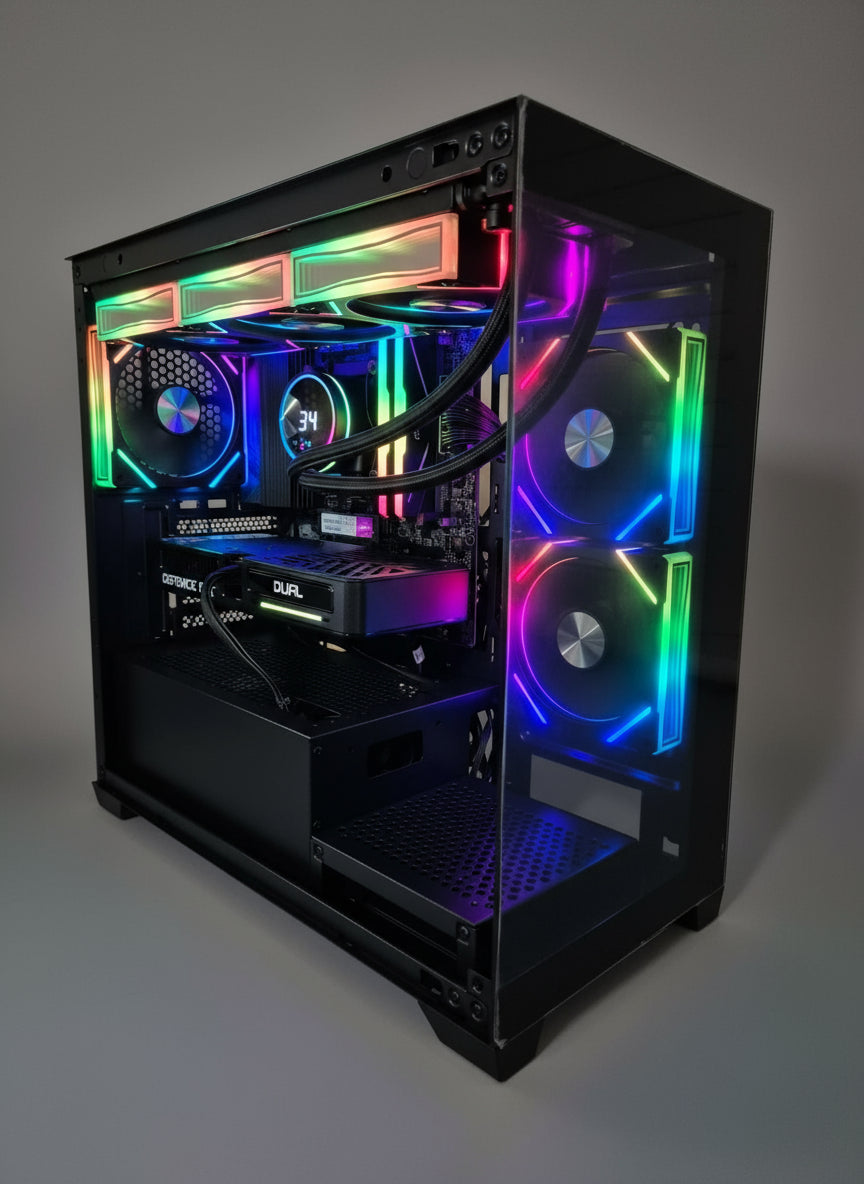 Gaming PC with RGB lights with a studio background