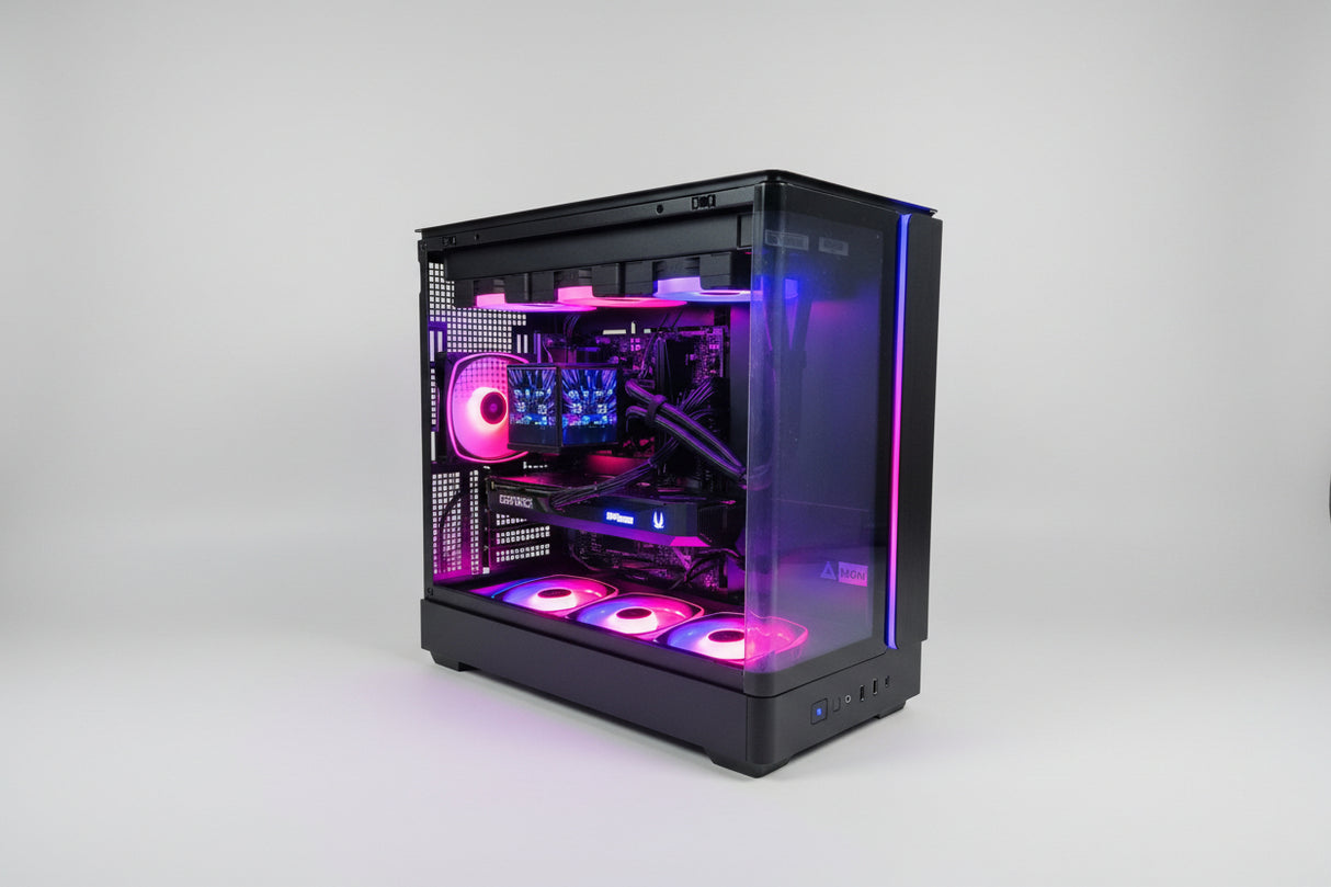 Computer case with RGB lighting on a white surface