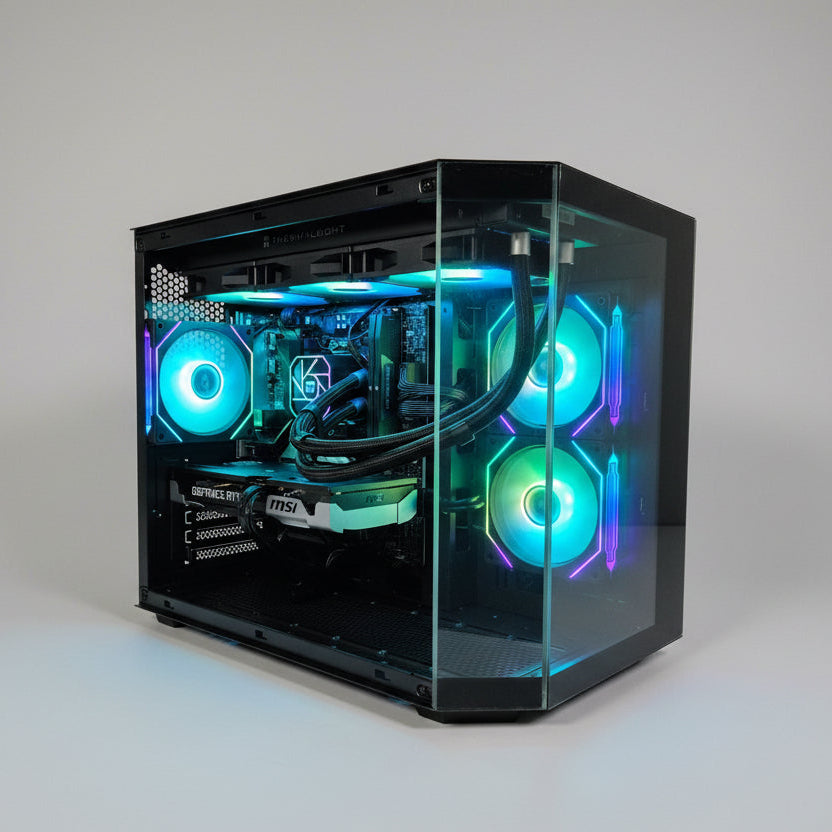 Open computer case with RGB lighting on a desk