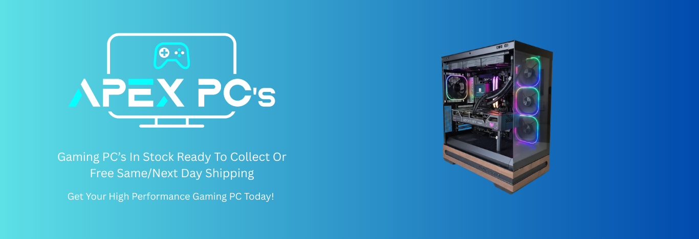 Apex PCs gaming PC on a blue background with promotional text.