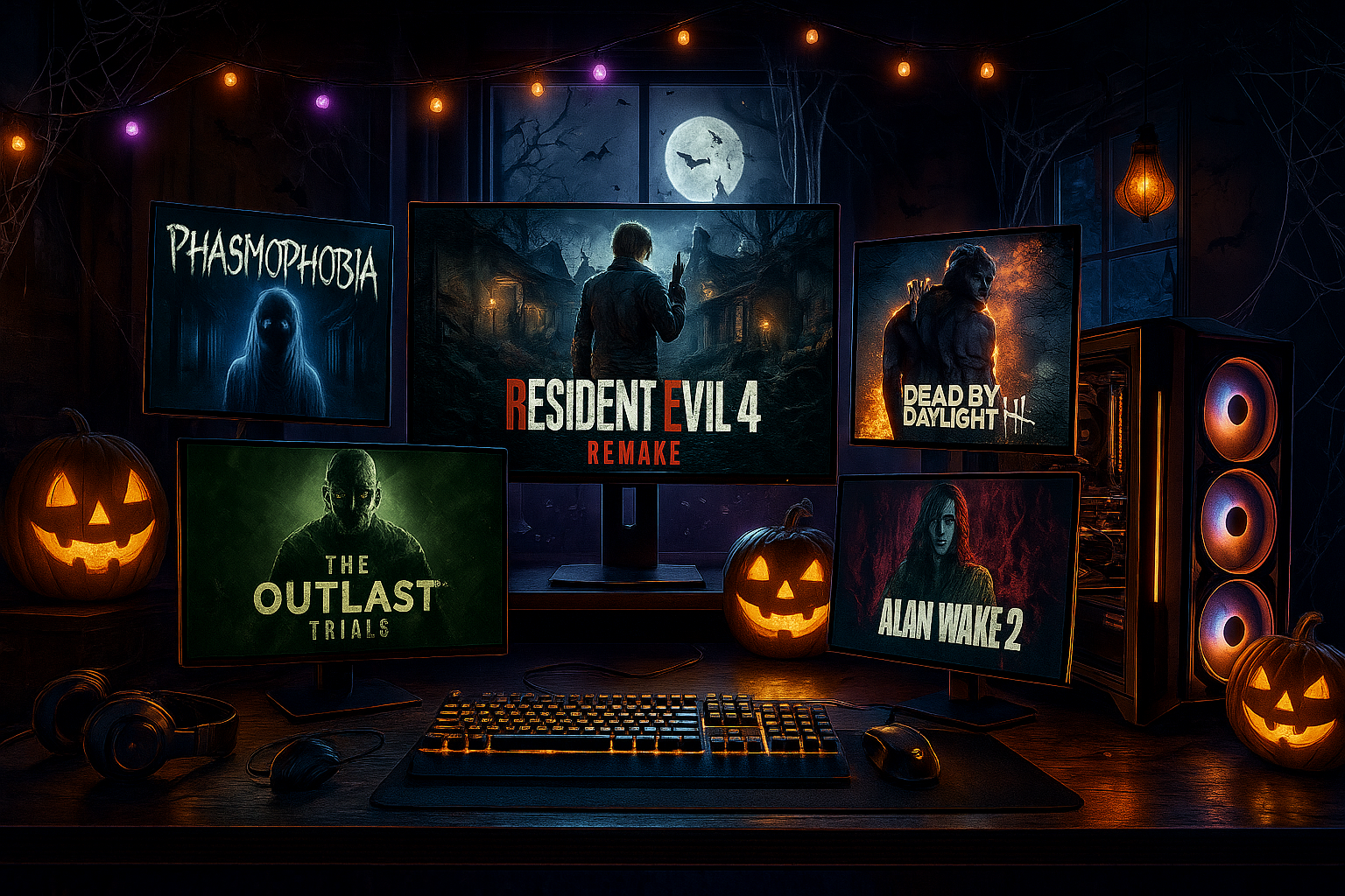 Gaming PC and monitors showing different types of horror games