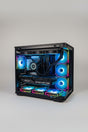 Glossy computer case with RGB lighting on a white surface
