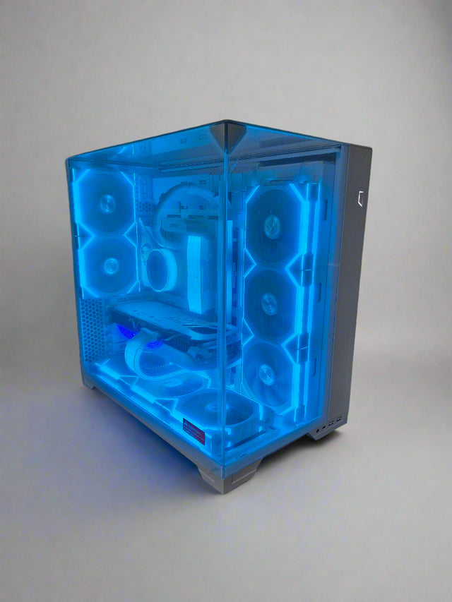 white gaming pc with rgb lighting
