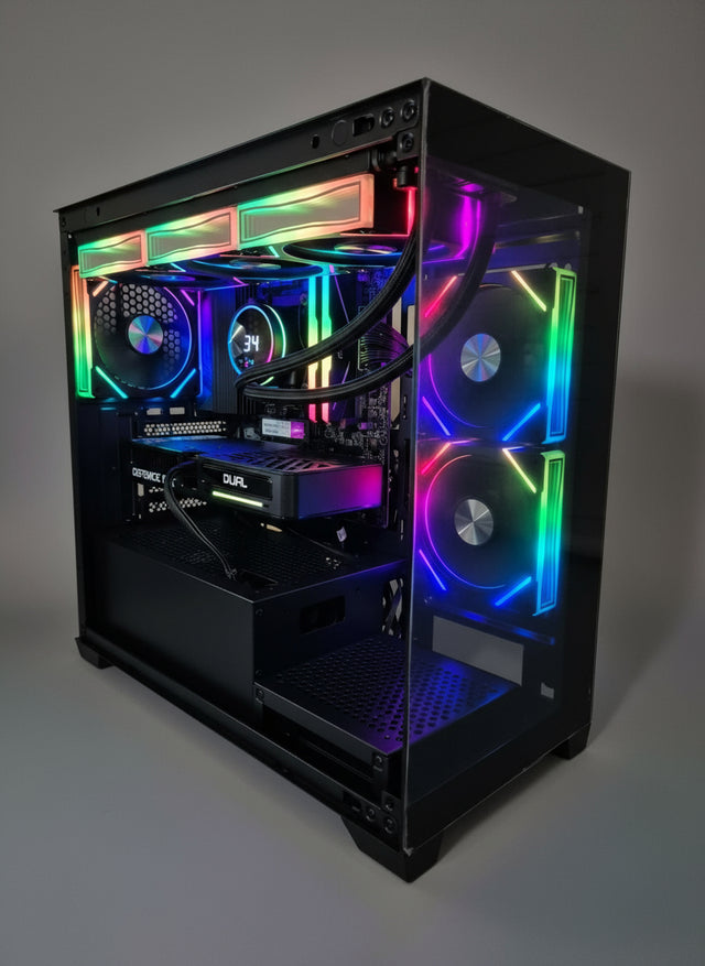 Gaming PC with RGB lights with a studio background