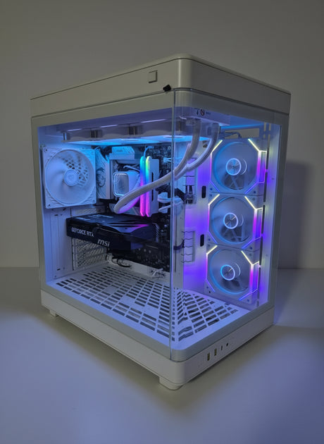 gaming pc in a white case with rgb lighting
