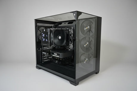 Gaming PC in a black case with glass panels
