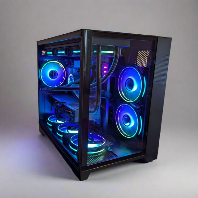 Computer case with RGB lighting on a gray background