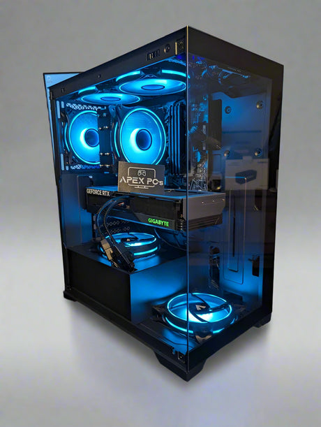 Open computer case with blue LED lighting on a black surface