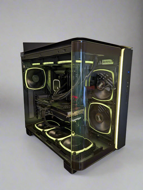 A gaming PC with a transparent case showing internal components including RAM modules, cooling system, and multiple fans. The PC is housed in a black Montech King 95 Pro case with LED lighting.