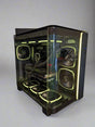 A gaming PC with a transparent case showing internal components including RAM modules, cooling system, and multiple fans. The PC is housed in a black Montech King 95 Pro case with LED lighting.