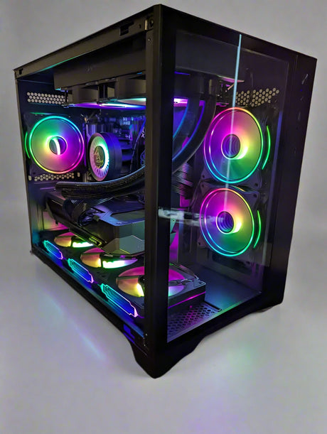 Computer case with RGB lighting on a white background