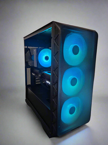 Computer case with blue LED lights on a dark surface