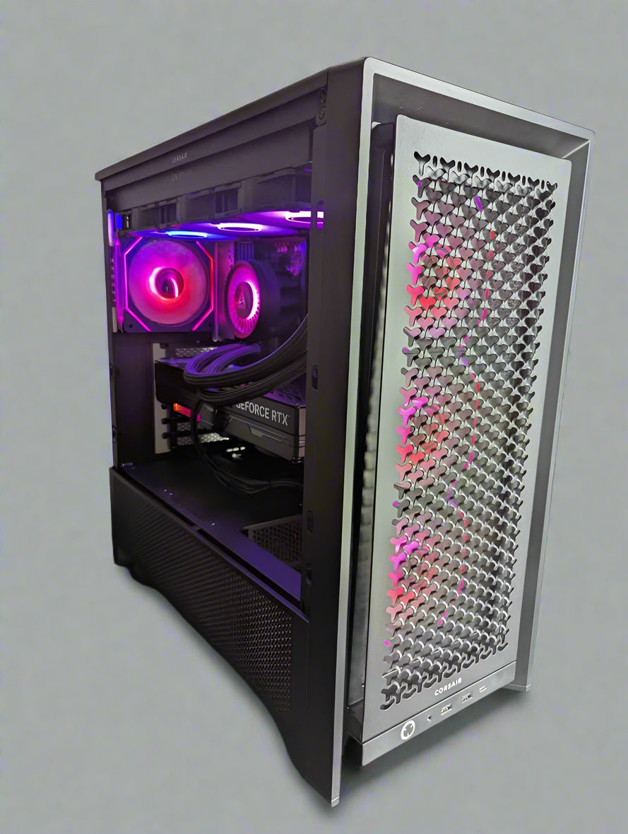 Computer case with RGB lighting on a gray background