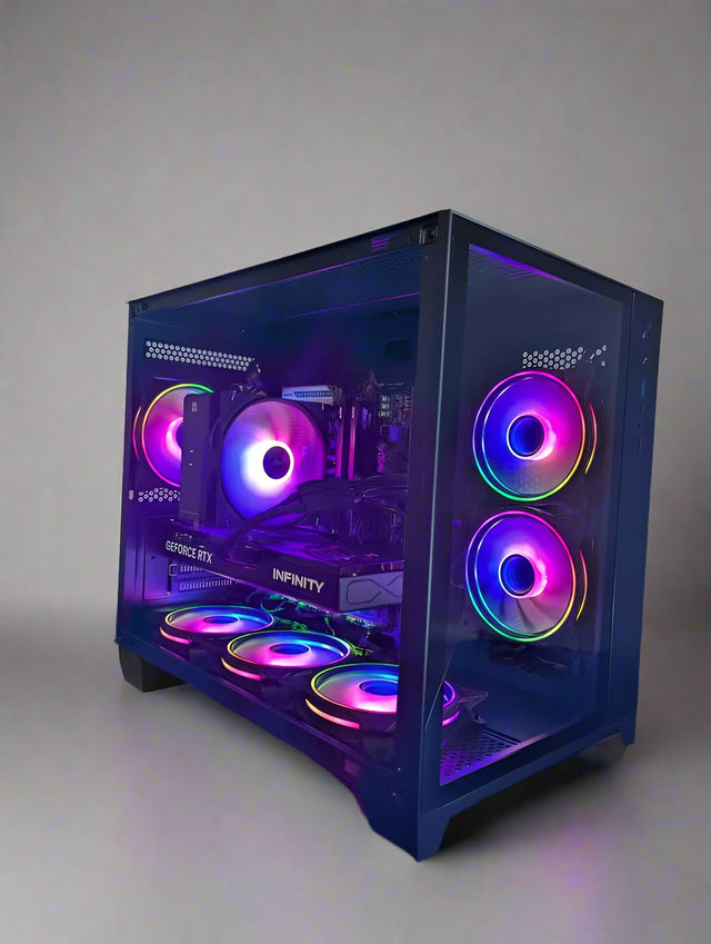 Computer case with RGB lighting on a gray background