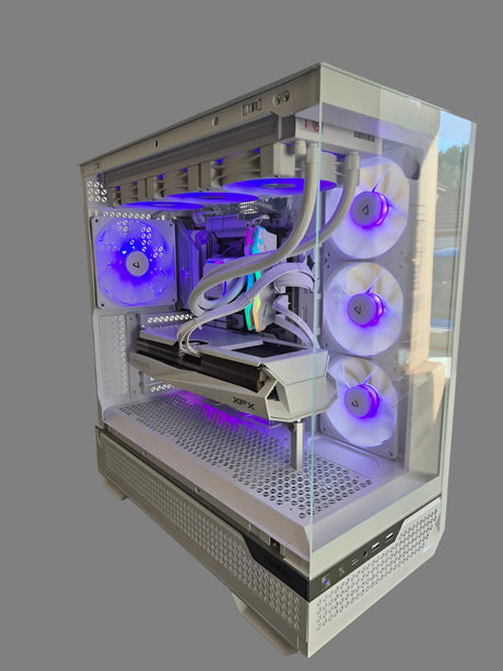 Computer case with internal components and LED lighting on a gray background