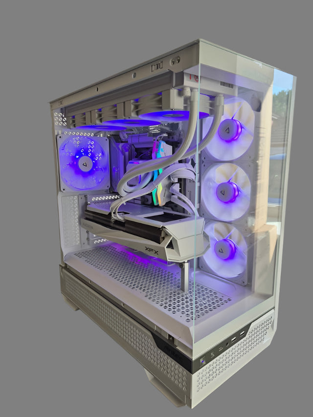 Computer case with internal components and LED lighting on a gray background