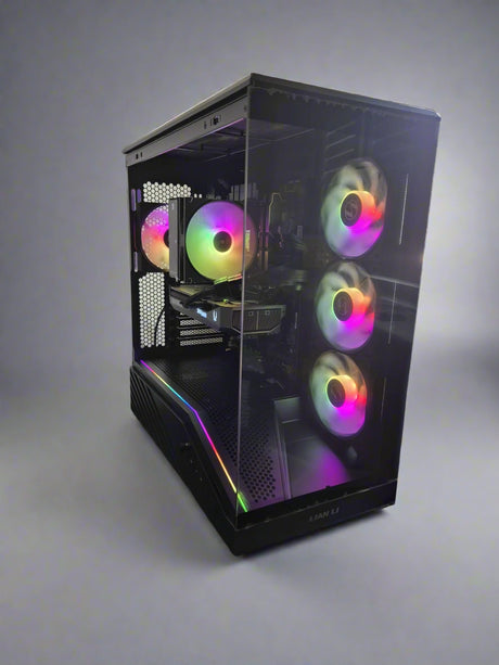 Computer case with RGB lighting on a gray background