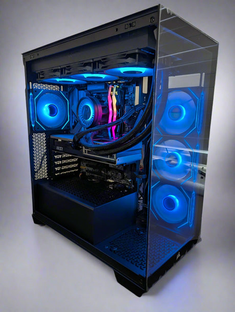 Computer case with blue LED lighting on a white background