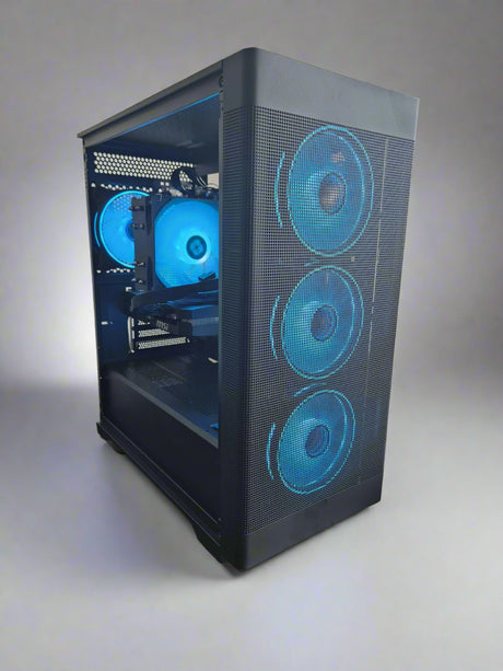 Computer case with blue LED lights on a gray background