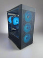 Computer case with blue LED lights on a gray background